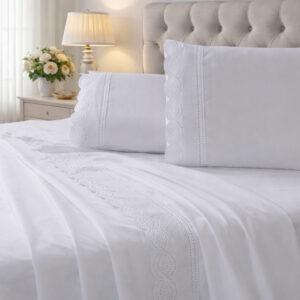 Jogo de Lençol Casal e King 400 Fios 4 Peças Bordado Inglês Roupa de Cama Aveludado