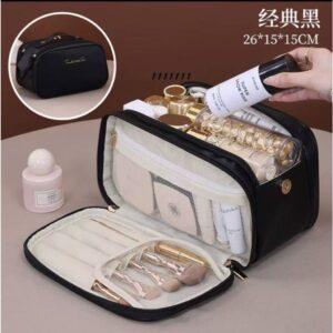 Necessaire multicamadas, grande capacidade, ideal para viagens, luxo sofisticado e acessível.