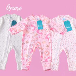 3 Macacões Bebê Amore Mais Vendidos Vira Pé com Zíper Menina 100% Algodão