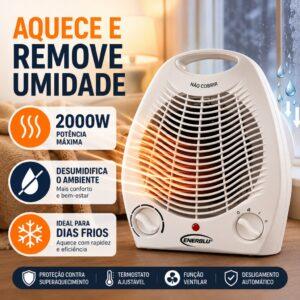 Aquecedor Elétrico 2000W Desumidificador Anti Mofo e Umidade com Termostato