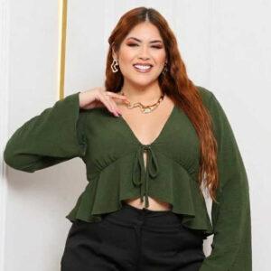 Blusa Cropped Feminina Boho Manga Flare Babado Decote V Amarração Frontal Moda Feminina