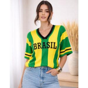 Blusa Feminina Brasil Súeter Seleção Tricot Moda Verão Copa Tecido Fang Decote V Moda Peça Confort