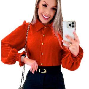 Blusa Feminina Elegante Manga Bufante Terracota Social Chic Moda 2026 Roupa Feminina Tendência