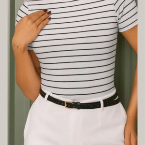 Blusa Feminina Tecido Canelado Manga Curta Listrada