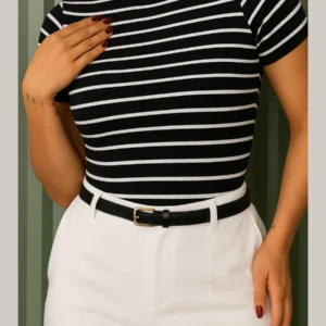 Blusa Feminina Manga Curta Listrada Tecido Canelado