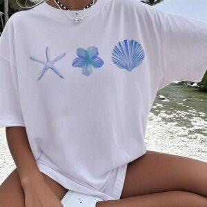 CAMISA FEMININA MODA PRAIA DELICADA ESTAMPA PREMIUM CAMISETA FEMININA 100% ALGODÃO MODA