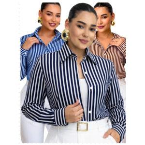 Camisa Social Manga Longa Feminina Crepinho Listrado Elegante Casual Trabalho Moda Feminina