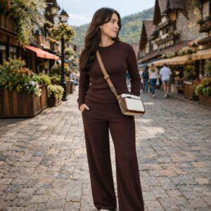 CONJUNTO COMFY FEMININO OUTONO/INVERNO: CALÇA PANTALONA, CINTURA ALTA COM ELÁSTICO E BLUSA LANZINHA