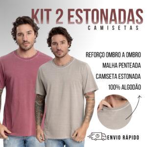 Kit 2 Camiseta Estonada Masculina 100% Algodão Malha Penteada