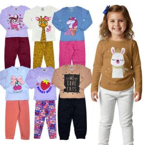 Kit 6 Peças 3 Conjunto Meia Estação Menina Infantil Calça e Blusa Manga Longa Bebê Roupa Frio