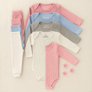Kit 6 Peças Conjunto Body Manga Longa Canelado + Mijão Liso Canelado 100% Algodão Bebê Infantil RN