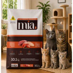 Ração Gato Filhote e Adulto 10kg Mia Cat Sabor Carne Salmão e Frango