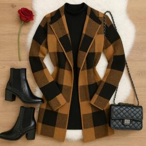 Sobretudo Kimono Xadrez Tricot Grosso Inverno