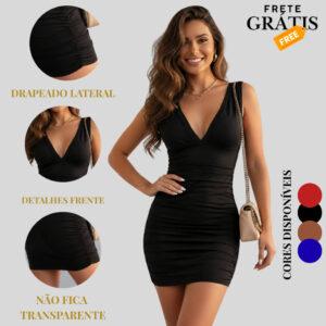 Vestido Curto Ajustado Drapeado Com Decote V Franzido na Lateral justo Moda Feminina | Moda Gringa | Elegante e Sensual