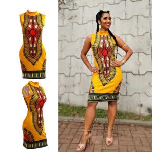 Vestido Elegante Feminino Curto Estampado Vestido Amarelo Vestido Midi Feminino Moda Afro Roupas Africanas Feminina