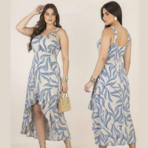 Vestido Midi Feminino Estampado com Babado e Alça Elegante Leve e Confortável Moda Verão Moda Feminina Tendência