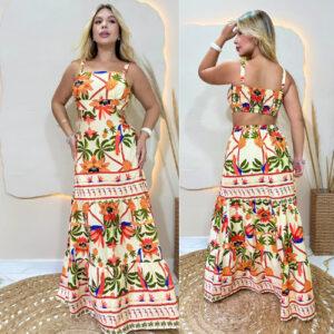 vestido tropical longo, vestido Chic feminino, vestido verão casual, moda feminina praia, vestido estampado