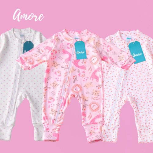 Macacões Bebê Amore Vira Pé com Zíper Menina 100 Algodão
