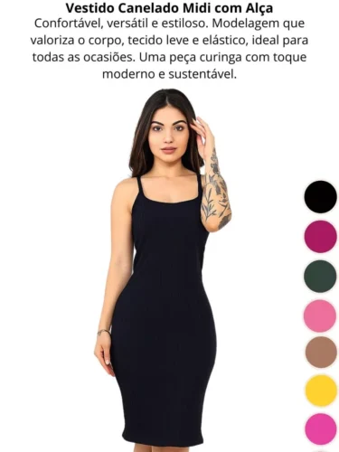 Vestido Feminino Canelado Midi Com Alça Básico Casual