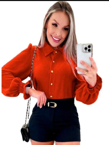 Blusa Feminina Chic Manga Bufante Elegante Terracota