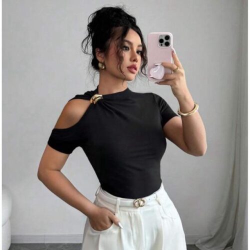 Blusa Feminina Moda Gringa Ombro Vazado Suplex Dourada