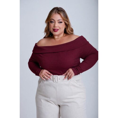 Blusa Moda Gringa Ombro a Ombro Canelada Longa PlusSize