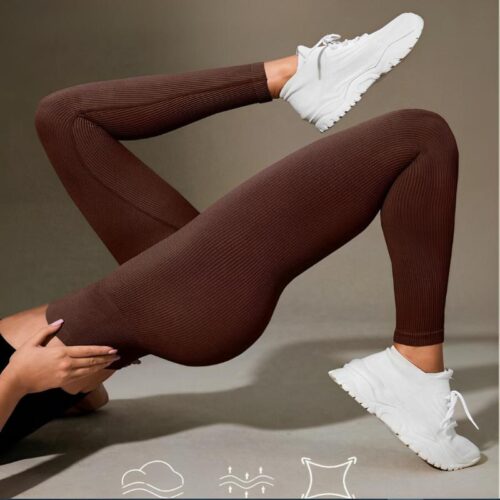 Calça Legging Sem Costura Canelada Cintura Alta Feminina