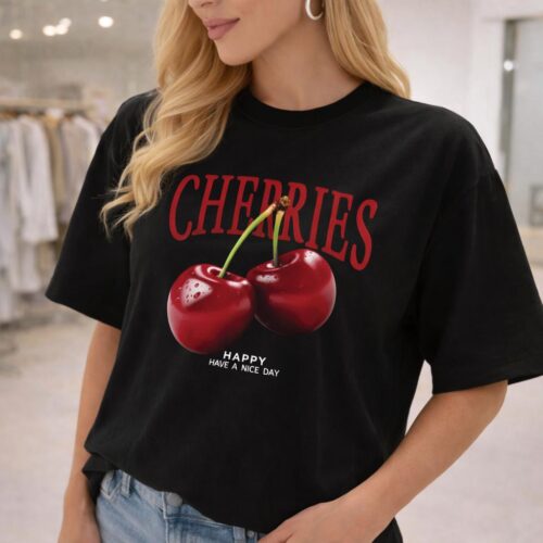 Camiseta Feminina 100 Algodão Confortavel Estilosa Cereja