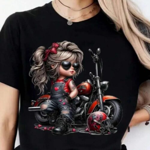 Camiseta Feminina Moda Gola Redonda Estampada Motocicleta