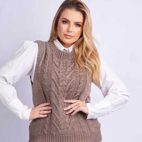 Colete Feminino Tricot Detalhes trança Ponto Fang Outono