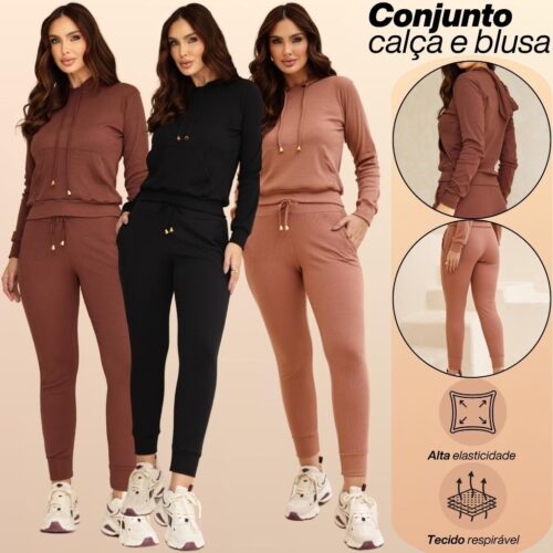 Conjunto Feminino Calça Jogger Blusa Canguru Capuz Moletom