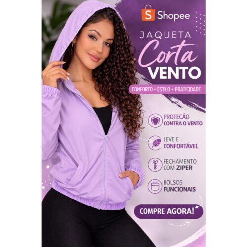 Jaqueta Leve Corta Vento com Capuz e Bolso Feminina