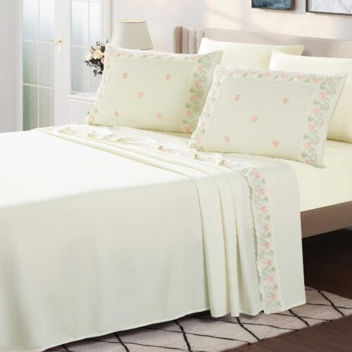 Jogo Cama Percal 300 Fios com Barrado Bordado Bordatto Casal Queen e King 04 Peças –