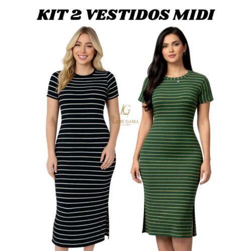 Kit 2 Vestidos Midi Listrado com Fenda Lateral Várias Cores