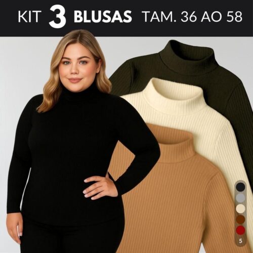 Kit 3 Blusas Cacharrel Termica Frio Gola Alta Feminina