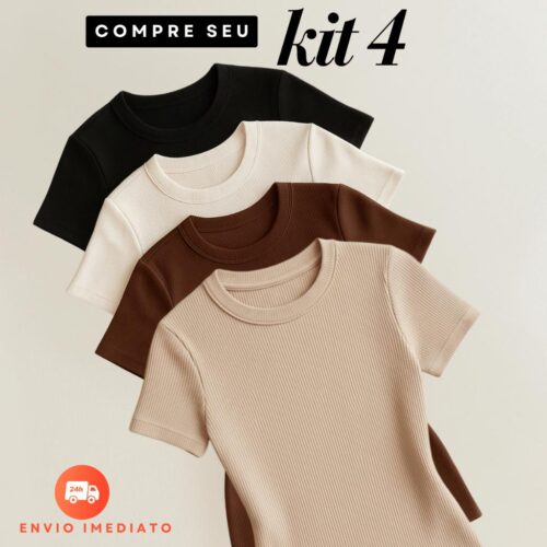 Kit 4 Blusas Ribana Canelado Básica Casual Feminina Verão