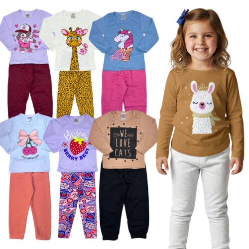 Kit 6 Peças Conjunto Menina Calça e Blusa Manga Longa Meia Estação