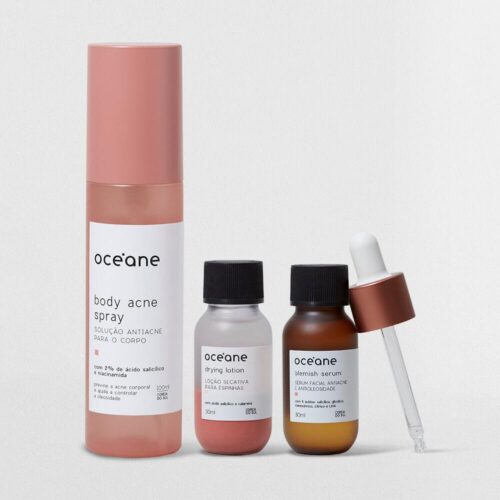 Kit Antiacne Corporal e Facial – Sérum Antiacne + Loção Secativa de Espinhas + Solução Antiacne para o Corpo (3 Produtos)
