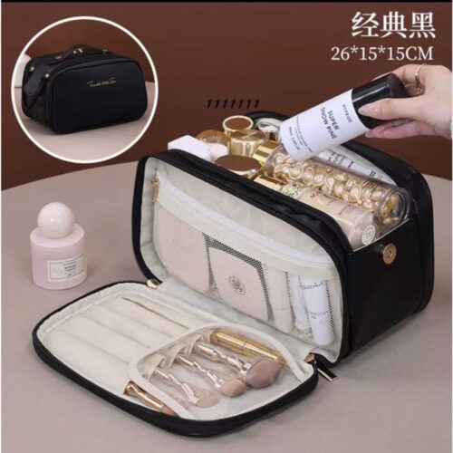 Necessaire multicamadas, grande capacidade, ideal para viagens, luxo sofisticado e acessível.