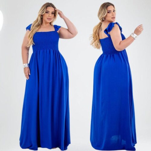 Vestido Bia Longo Feminino Elegante Babado Crepe Plus Size
