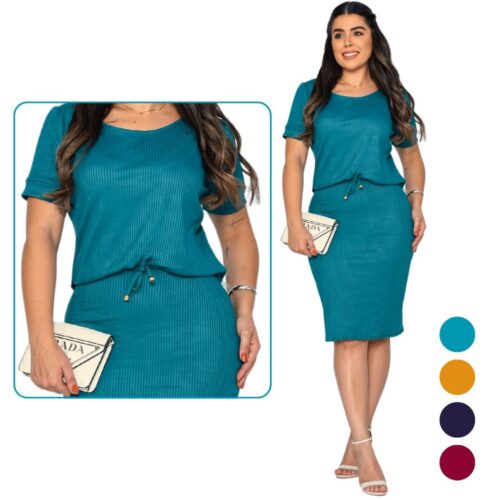 Vestido Blusado Mídi Canelado Secretária Plus Size
