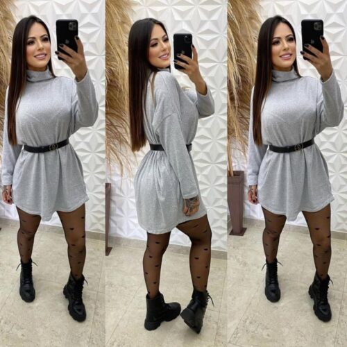 Vestido Feminino Max Lãzinha Gola Alta Cacharrel Manga Longa