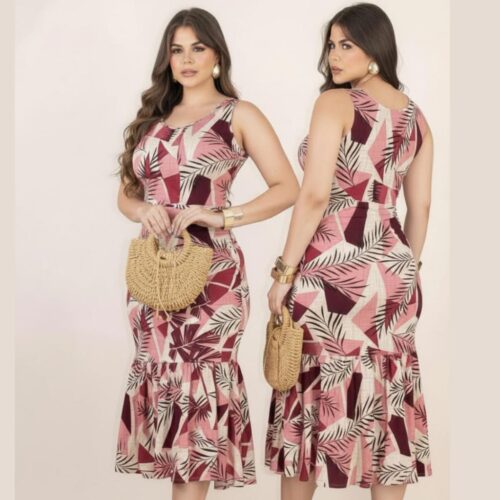 Vestido Feminino Midi Estampado Crepe Elegante Verão