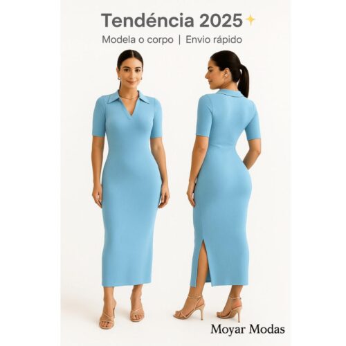 Vestido Moda Feminino Midi Justo com Gola Polo Estilo Chic