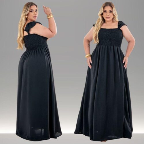Vestido Femino Longo Dunas Crepe Alça Babado Plus Size