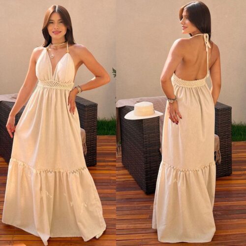 Vestido linho de algodão com bojo alongado elegante feminino