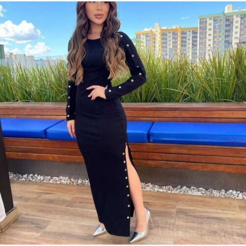 Vestido ana ruga manga longa fenda lateral longo feminino
