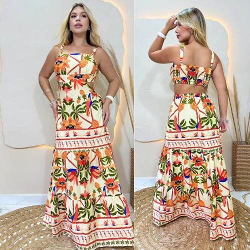 vestido chic estampado longo tropical feminino praia