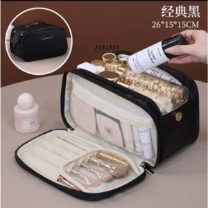 Necessaire multicamadas, grande capacidade, ideal para viagens, luxo sofisticado e acessível.