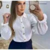 Blusa Feminina Branca Social Manga Longa Elegante Botões Moda Feminina Trabalho Escritório